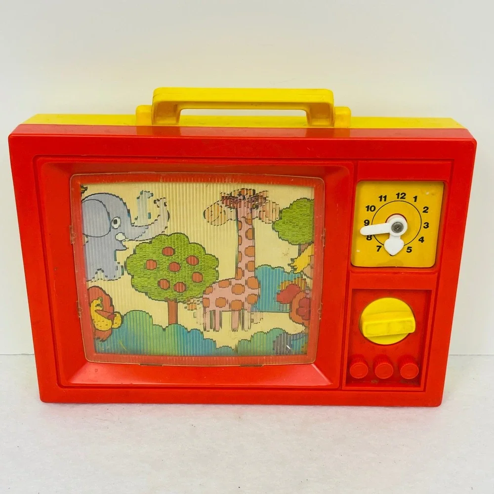 Vintage Blue-Box Musical Toy TV Wind Up Scrolling Jungle Animals Red Yellow 1970